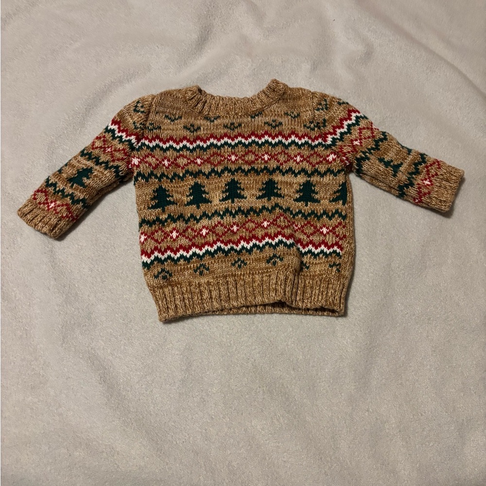 Carter's Tan Fair Isle Knit Sweater with Red and Green Accents